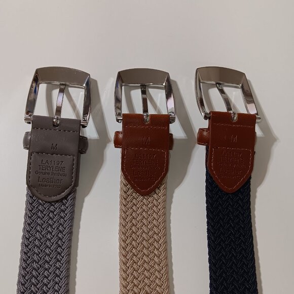 Set of 3 Braided Elastic Stretch Belts, Size Medium, Navy, Tan and Grey - Picture 4 of 10
